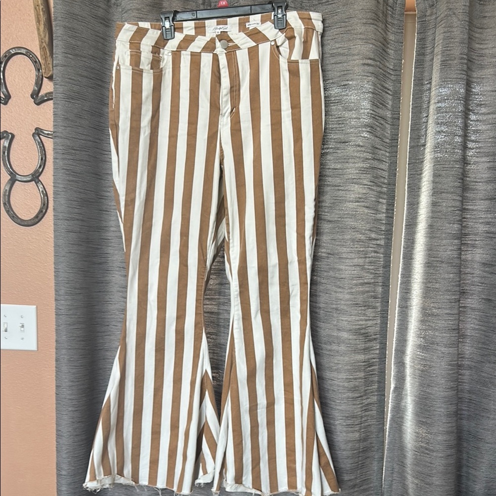 ARULA Brown and White Striped Flare Jeans
